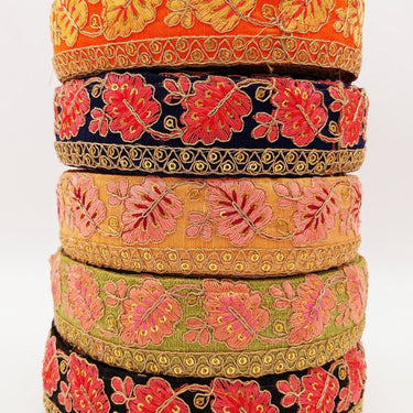 Navy Blue Trim with Floral Embroidery Salmon Pink Embroidered Leaves Trim, Decorative Trim, Indian Border